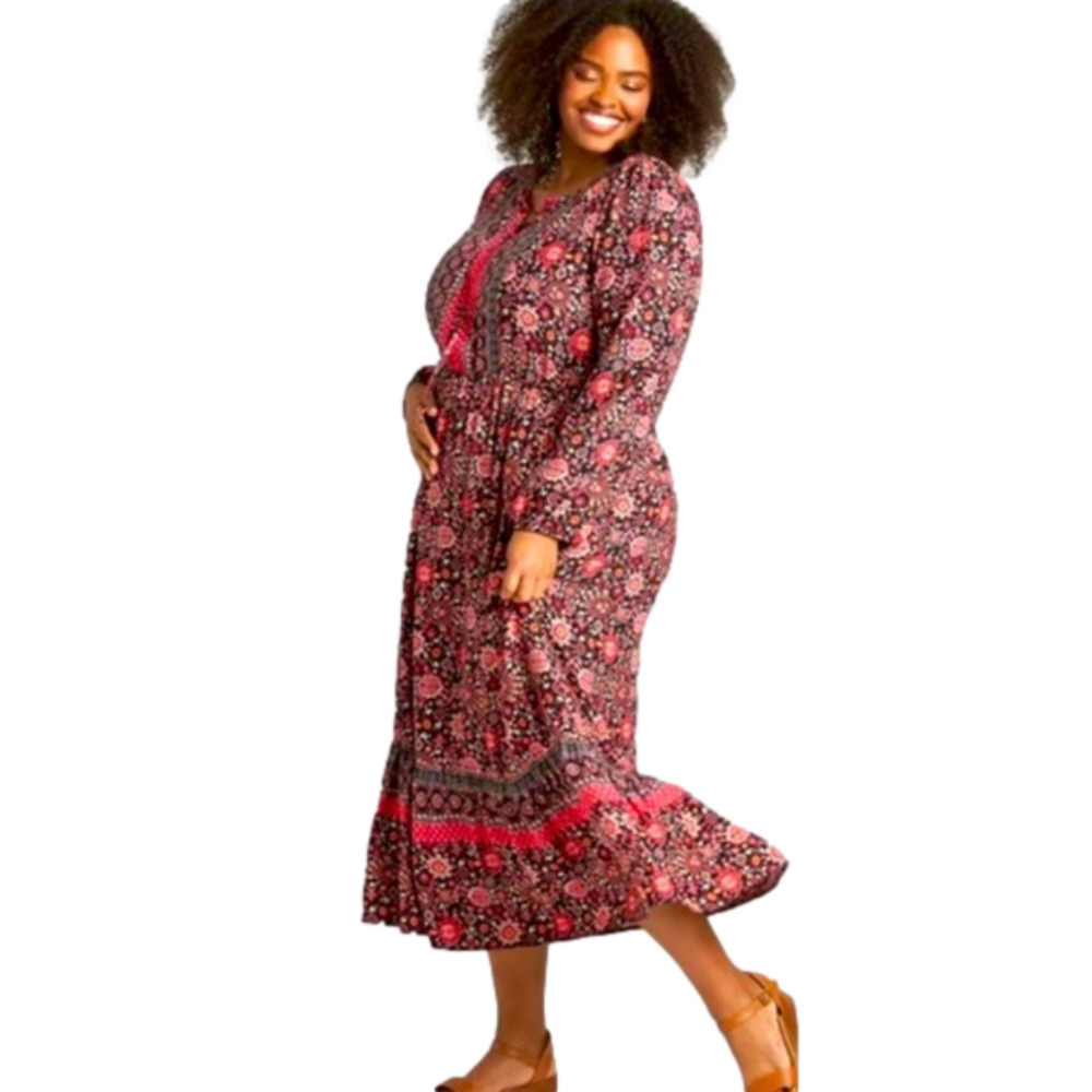 Lane Bryant Lace-Up Neck Boho Prairie Midi Dress plus size 14 floral pink NWT